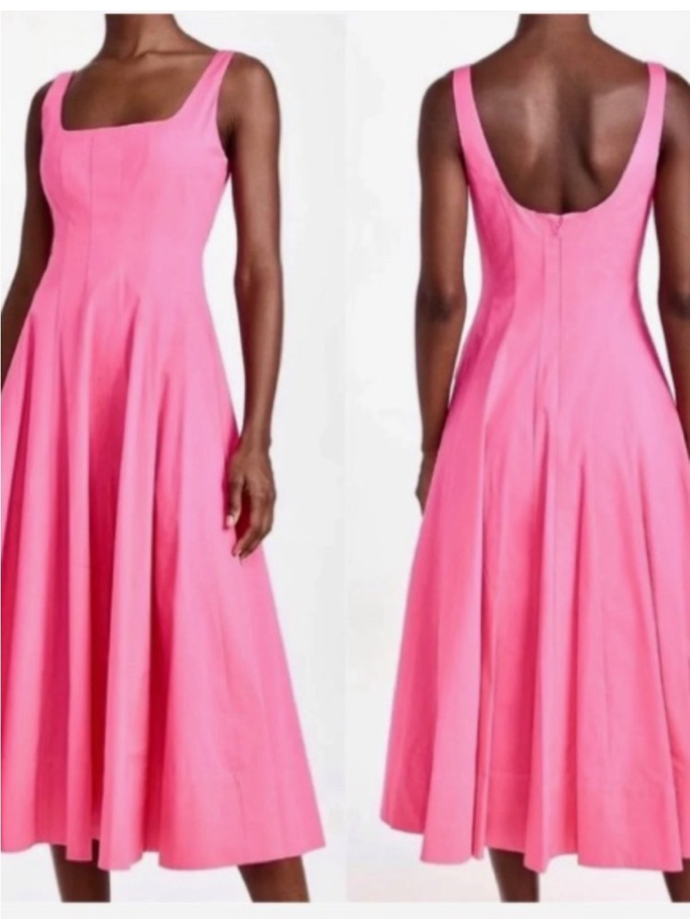 Staud Wells Dress Pink Sleeveless Square-Neck Midi Cotton US Size 0